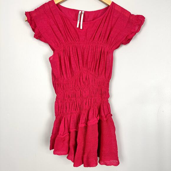 By Anthropologie Sheer Smocked Ruffled Asymmetrical Hot Pink Sweater Tank Small - Picture 6 of 9